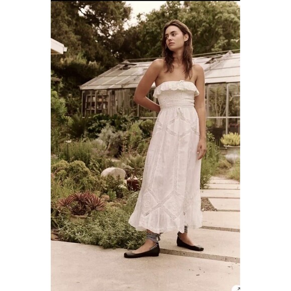 Free People Hi Hello Lace Trims Smocked Strapless Midi Dress XL - Picture 1 of 4